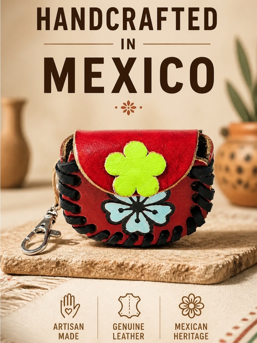 Handcrafted from Mexico Red Leather Mini Pouch with Floral Accent